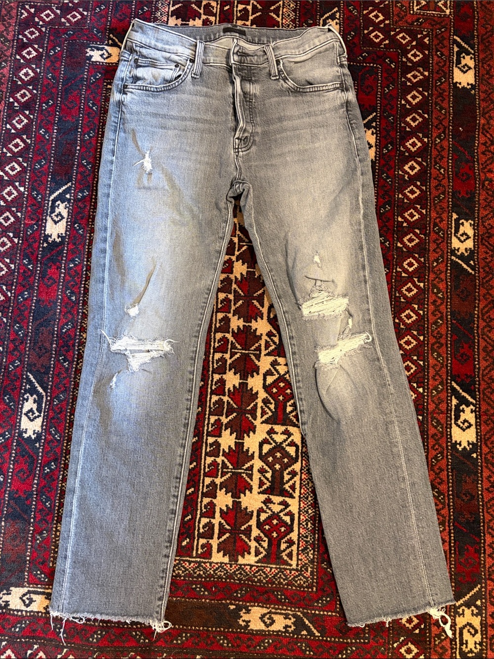 MOTHER Light Gray Distressed Straight-Leg Jeans